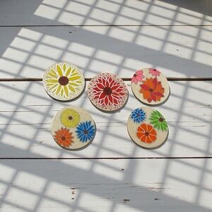 5 Handmade Drink Coasters Colorful Flowers Glossy